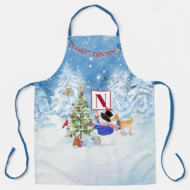 Tablier Monogramme Joyeux Noël Snowman Cardinal Deer Owl (Recto)