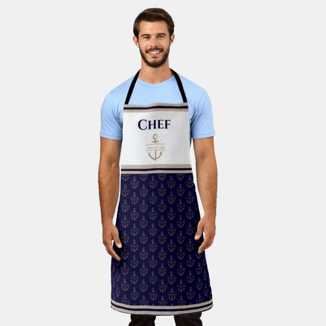 Tablier Monogramme marin Bleu blanc Apron or bleu marine (Porté)
