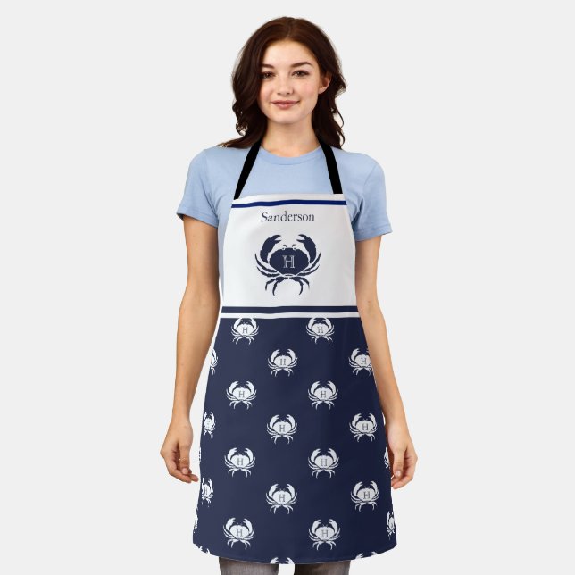 Tablier Monogramme Marine Bleu Crabe Blanc Nautique (Porté)
