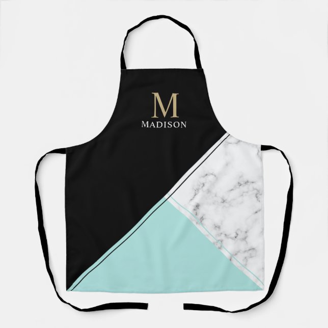 Tablier monogramme moderne élégant en marbre noir turquois (Recto)