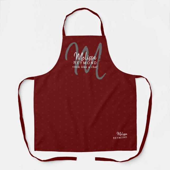 Tablier monogramme moderne pour un chef cuisine rouge fonc (Recto)