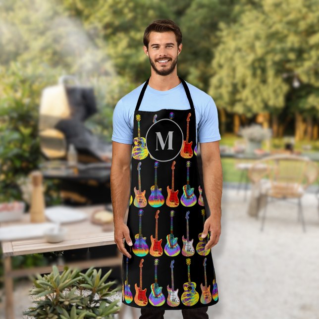 Tablier Monogramme Motif de guitare coloré (Funky colorful guitar pattern monogram apron for him personalize for a guitar player or musician )