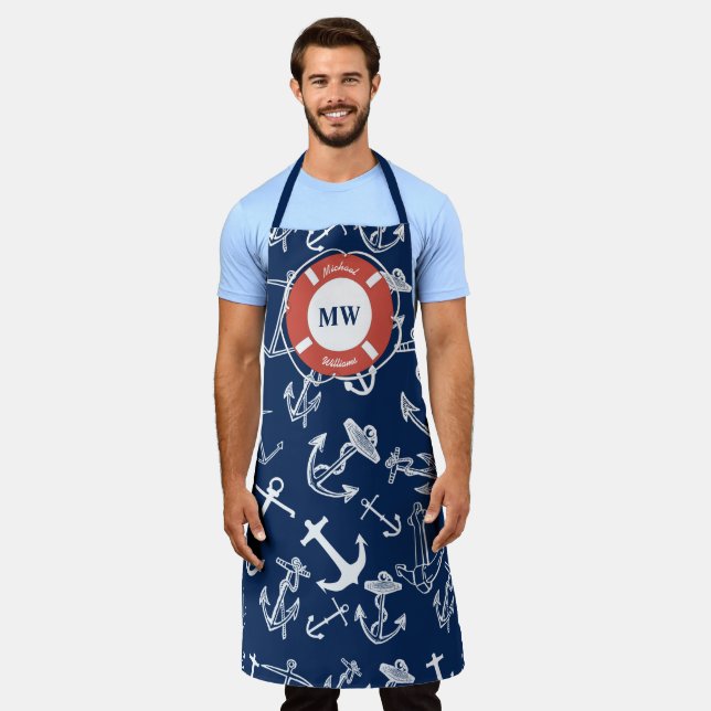 Tablier Monogramme nautique Ancre bleu marine Motif (Porté)