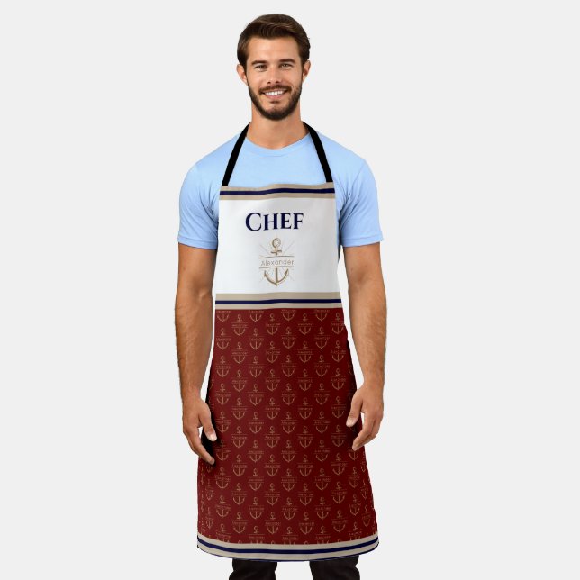 Tablier Monogramme nautique Marine Rouge Blue Gold Apron (Porté)