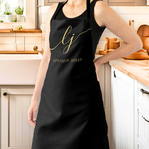 Tablier Monogramme Noir Or Moderne Calligraphie Minimale