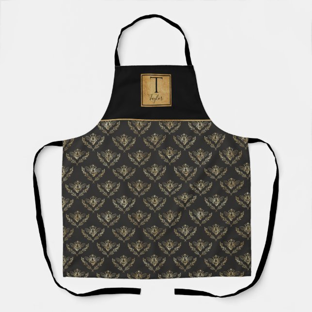 Tablier Monogramme personnalisé, reine d'abeille, noir et  (Recto)