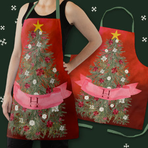 Tablier Monogramme personnalisé Xmas Aquarelle rouge Arbr