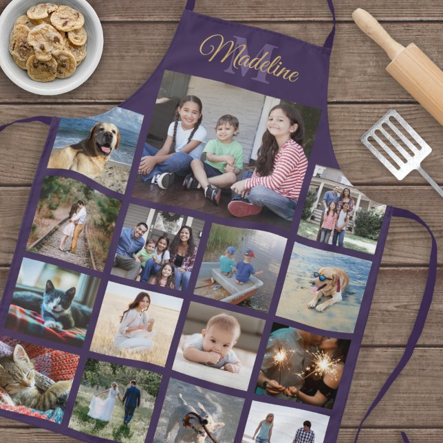 Tablier Monogramme Photo Collage Grille Motif Purple Gold (Créateur téléchargé)