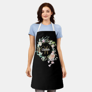 Tablier Monogramme Roses Florales Noir Et Or