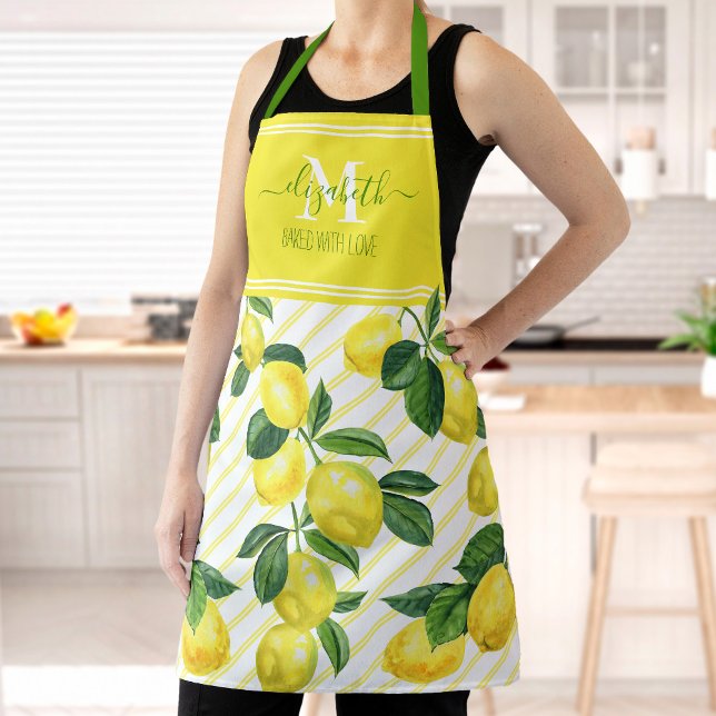 Tablier Monogramme rustique moderne citrons rayures d'aqua (Créateur téléchargé)