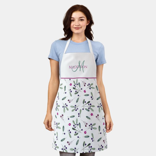 Tablier Monogramme sur mesure, baies et Motif de verdure (Porté)