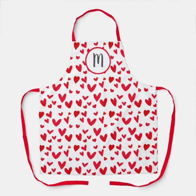 Tablier Monogramme Valentines Red Doodle Hearts Motif (Recto)
