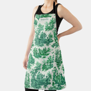 Tablier monogramme vintage fleuri vert toile jouy