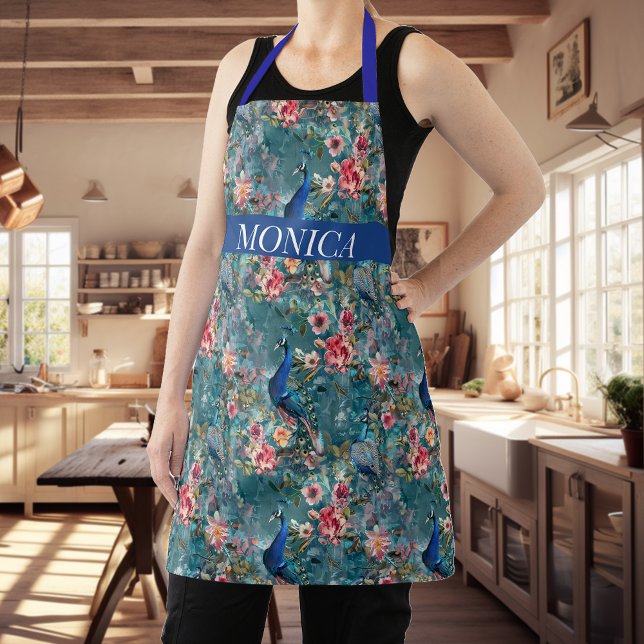 Tablier Monographie Motif bleu floral Peacock moderne (Créateur téléchargé)