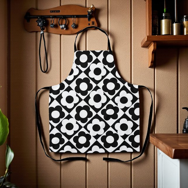 Tablier Motif à bille en diamant noir et blanc (Black and White Diamond Check Flower Pattern Apron)