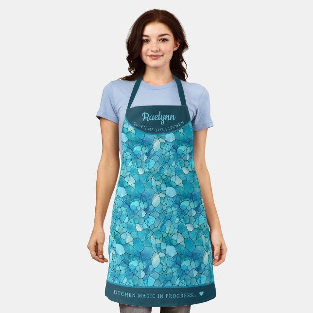 Tablier motif Abstrait bleu aqua joli personnalisé (Porté)