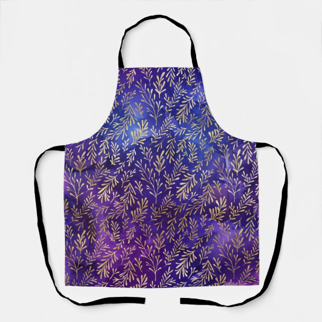Tablier Motif aquarelle violet avec feuilles dorées (Recto)