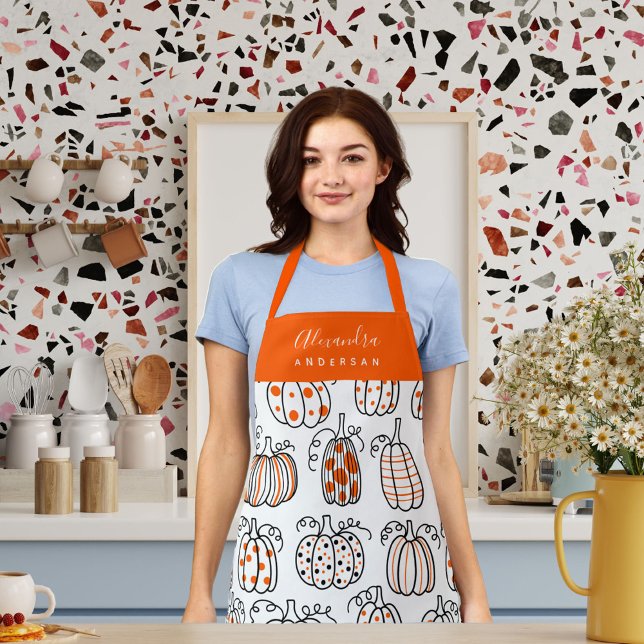 Tablier Motif Citrouille moderne personnalisé (Orange Pumpkin Pattern Script Name Chef Monogram Apron)