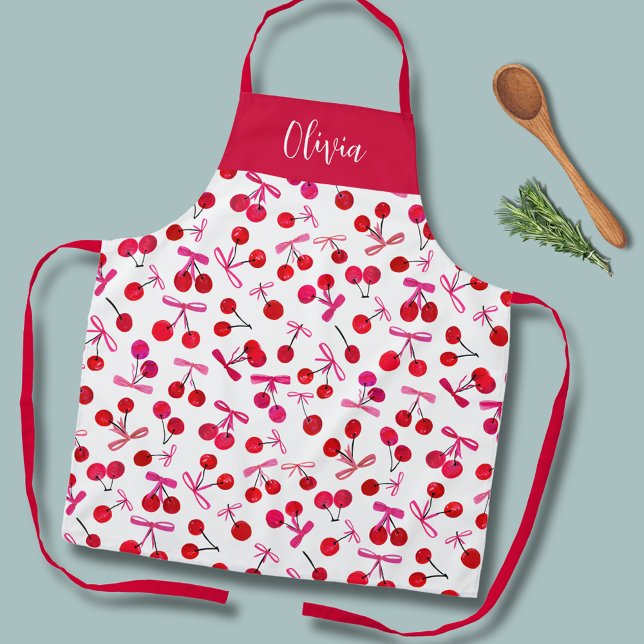 Tablier Motif Coquette Cherry & bow (Coquette cherry and bow girly pattern kitchen apron.  Personalize with your own name or initials.)
