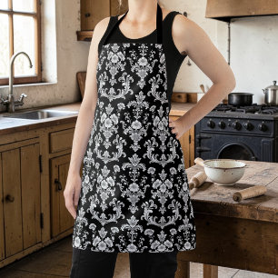 Tablier Motif damassé noir et blanc victorien
