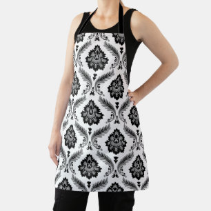 Tablier Motif Damassé Rococo Gris Noir Blanc