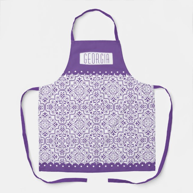 Tablier Motif damassé violet et bordures de pétoncles viol (Recto)