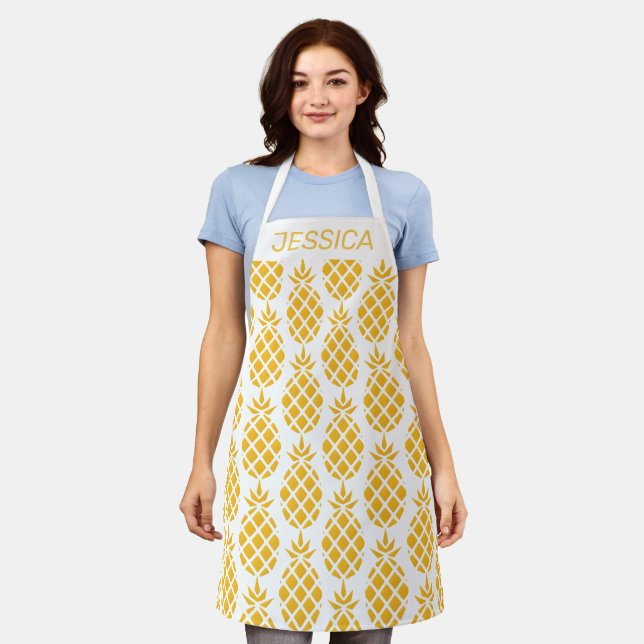 Tablier Motif d'ananas géométrique jaune Personnalisé (Porté)