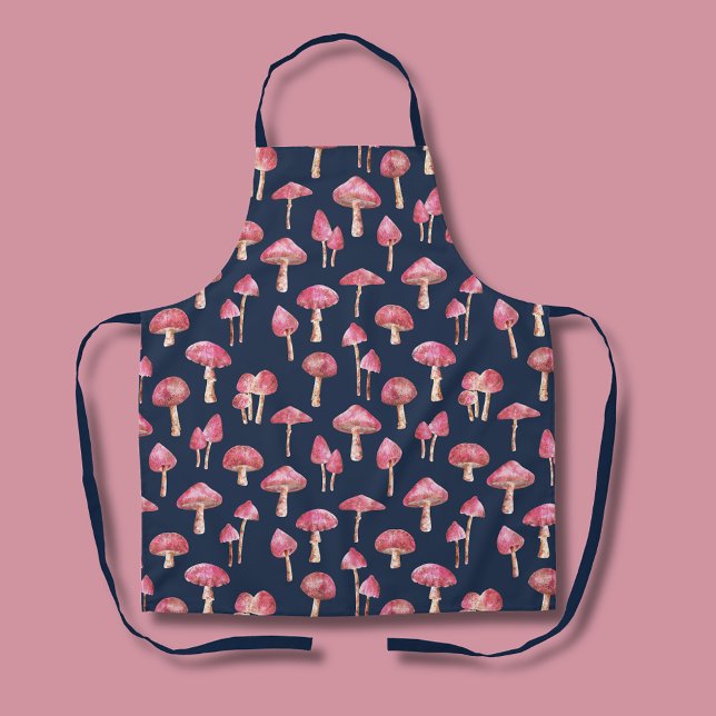 Tablier Motif d'aquarelle de champignon (Pink mushroom patterned navy blue kitchen apron.)