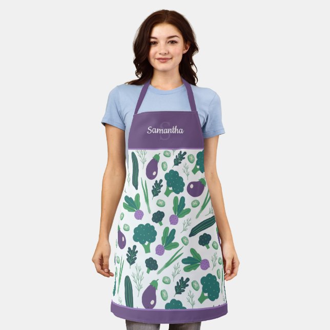 Tablier Motif d'aubergine et de brocoli avec nom pourpre a (Porté)