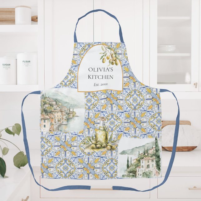 Tablier Motif de carreaux bleu jaune Olive Méditerranée (In situ)
