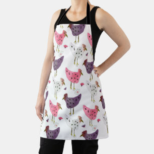 Tablier Motif de coq aquarelle rose violet