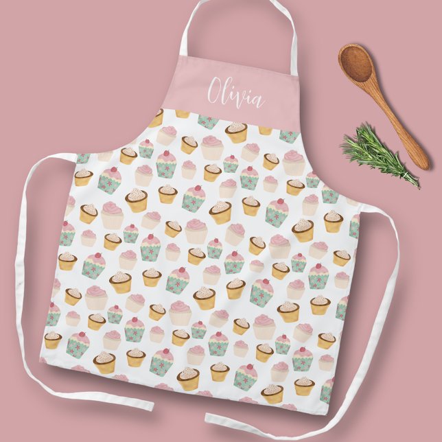 Tablier Motif de cupcake personnalisé (Cute cupcake kitchen apron perfect for bakers and cooks.  Personalize with your own name or text.)