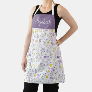 Tablier Motif de fleur sauvage violette et jaune avec nom