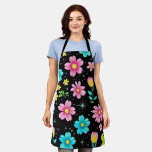 Tablier Motif de fleurs colorées noires rétro pour fête d'