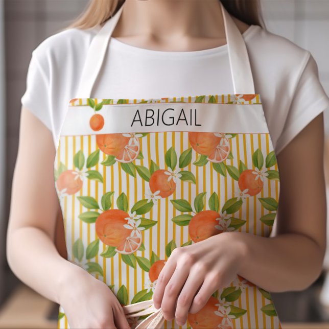 Tablier Motif de fleurs d'agrumes et d'oranges (Orange and Orange Blossoms Striped Apron with Any Name)