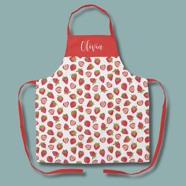 Tablier Motif de fraise amusant (Strawberry pattern personalized name apron.  Matching kitchen and homeware range available.)