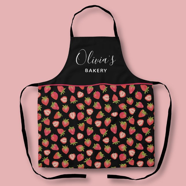 Tablier Motif de fraise personnalisé Boulangerie de cuisin (Personalized strawberry kitchen apron. Perfect for bakeries or homeware gifts.)