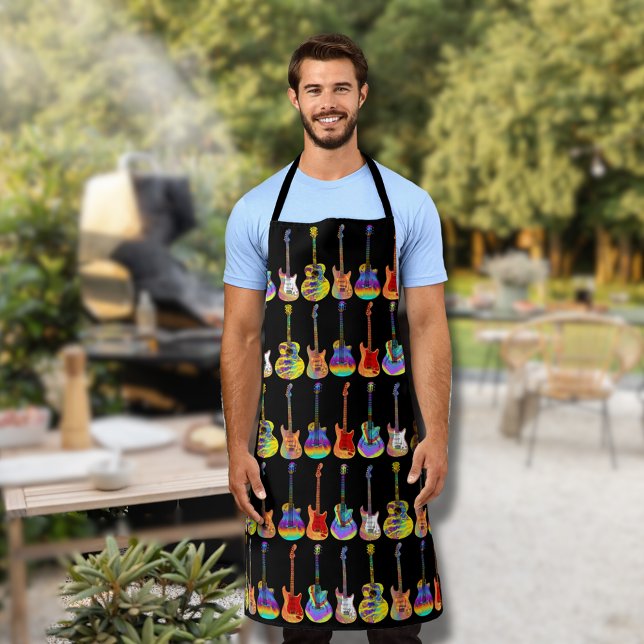 Tablier Motif de guitare coloré (Colorful guitar pattern on black guitarist apron)