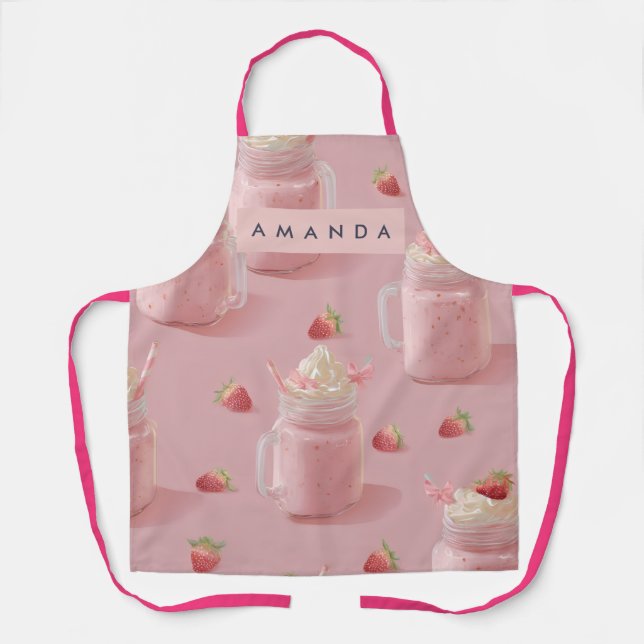 Tablier Motif de Milkshake aux Fraises Kawaii Personnalisé (Recto)