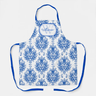 Tablier Motif de toile damaskée française bleue avec monog