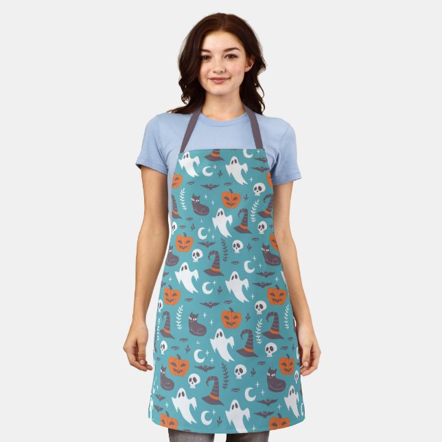 Tablier Motif d'Halloween Turquoise amusant (Porté)