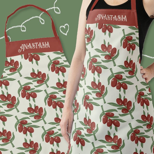 Tablier Motif d'olives rouges avec nom (Red olives pattern apron with name .)