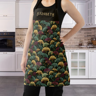 Tablier Motif élégant de Ginkgo Nom personnalisé sarcelle 