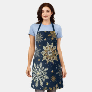 Tablier Motif flocon de neige bleu marine et or festif 
