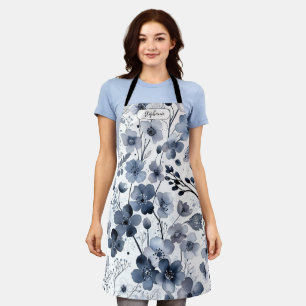 Tablier Motif Floral Aquarelle Bleu Dense Personnel