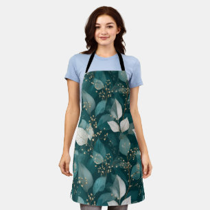 Tablier Motif floral blanc feuille émeraude élégant