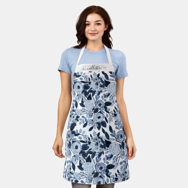 Tablier Motif floral bleu marine Pastel (Porté)