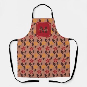 Tablier Motif Floral Brown esthétique Monogramme rouge