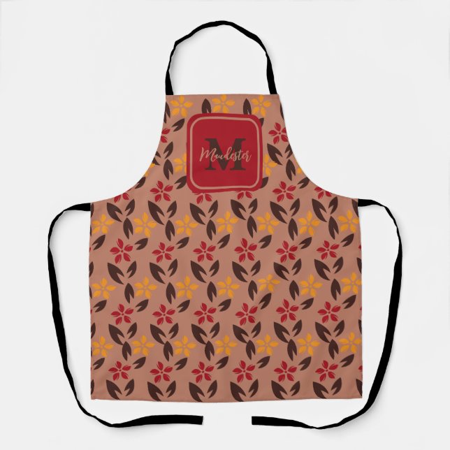 Tablier Motif Floral Brown esthétique Monogramme rouge (Recto)
