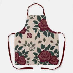 Tablier Motif floral de roses rouge foncé avec des feuille